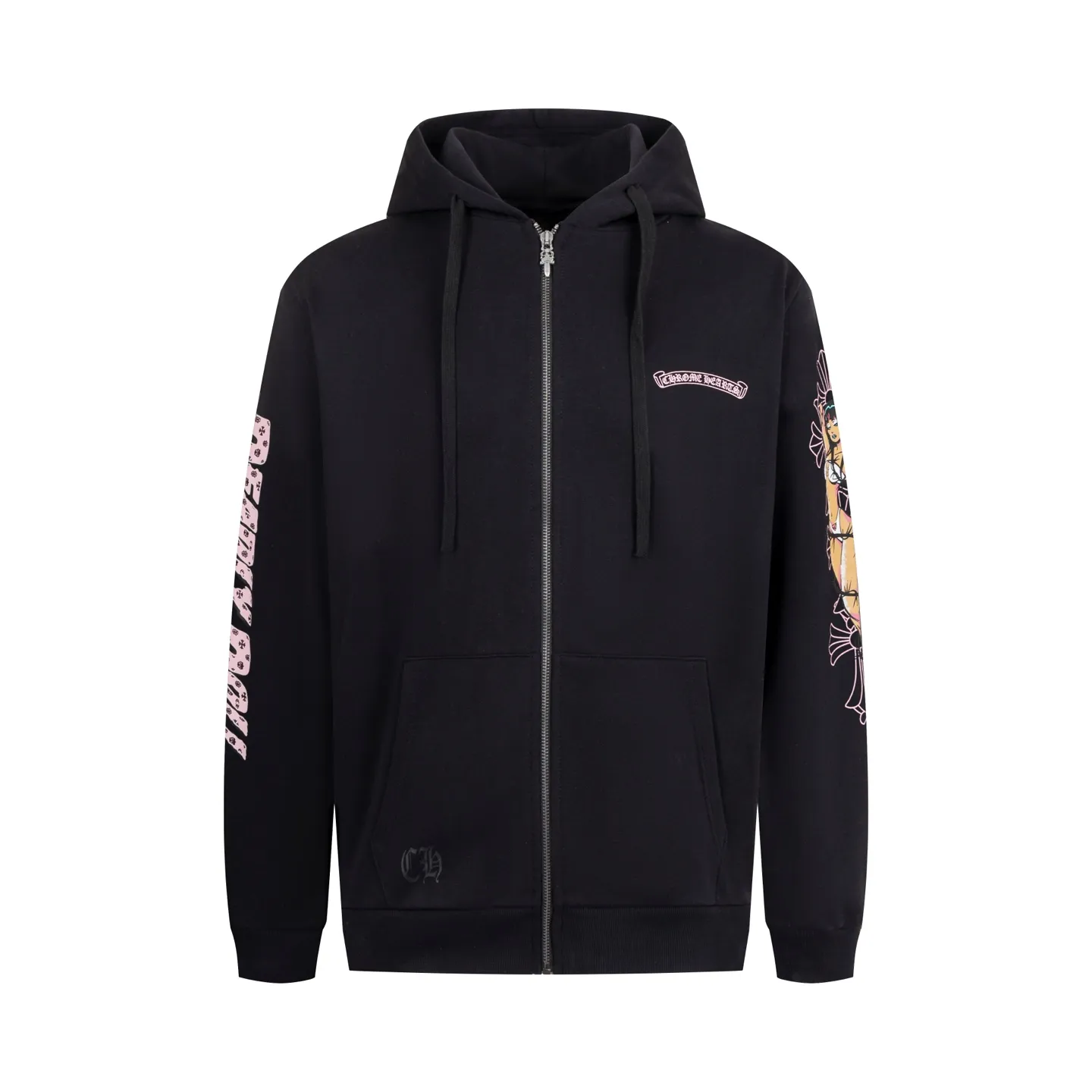 P480 Exclusive supply] CH Crow Heart Deadly Doll co-branded hooded jacket. The fabric is made of 420 grams of high-quality thin velvet thick fish scale fabric, bringing a comfortable wearing experience. The fabric has been professionally brushed and washed to give the clothing a soft, skin-friendly feel. The printed pattern on the sweatshirt strictly follows the original design and uses hand-made glue printing technology to ensure that the pattern is clear and lasting. The zipper part is specially made of real antique silver and has been carefully aged. The zipper head is sprayed with silver to create a retro texture. The whole body has been shaped to keep the shape crisp. This sweatshirt strives for excellence in craftsmanship and reflects high-end quality from fabric selection to detail processing. It not only retains the street fashion sense, but also incorporates Chrome Hearts' iconic luxury elements. It is an ideal choice for fashion lovers who pursue individuality and quality. Size:S/M/L